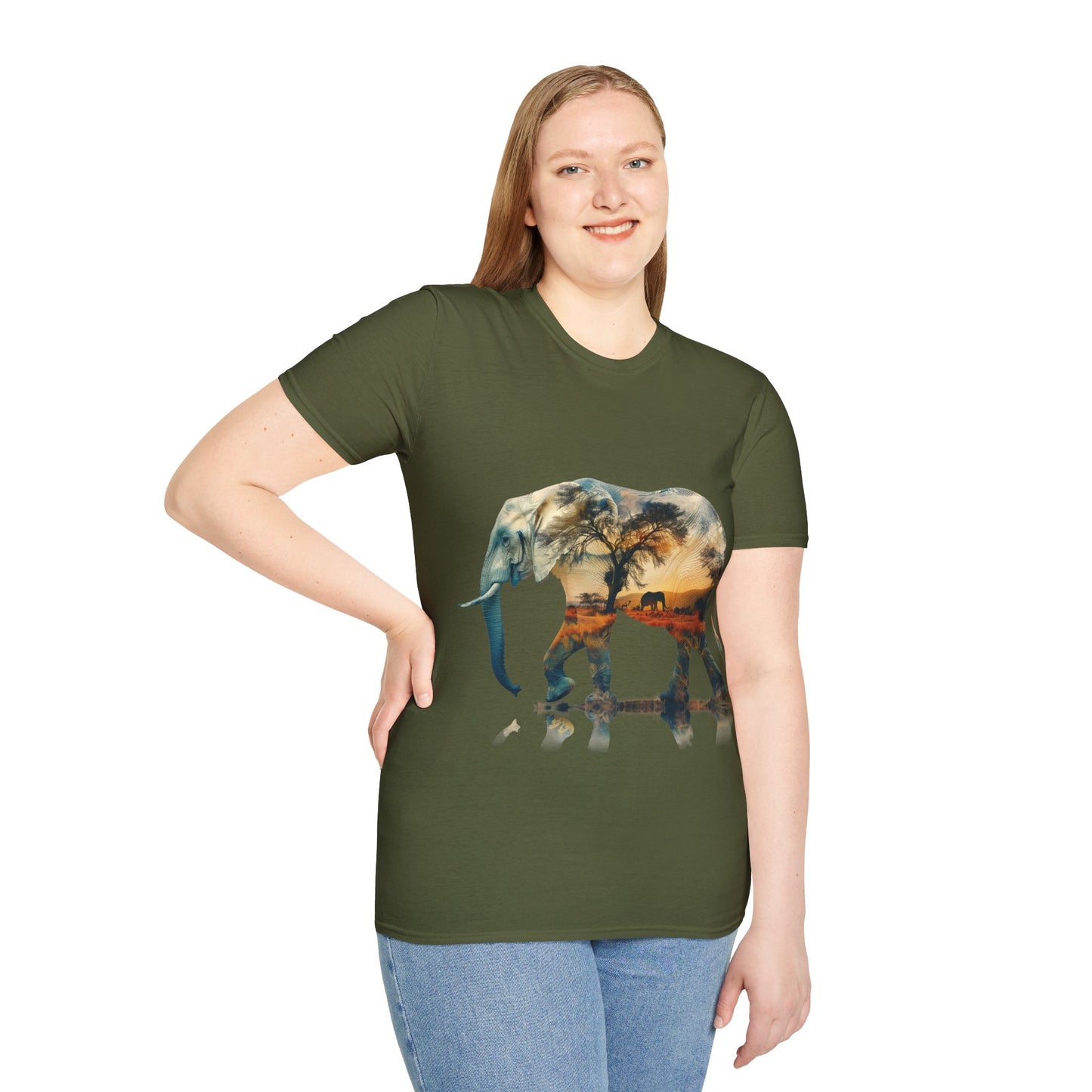 African Sunset Elephant Double Exposure Graphic T-Shirt - Unisex Softstyle T-Shirt