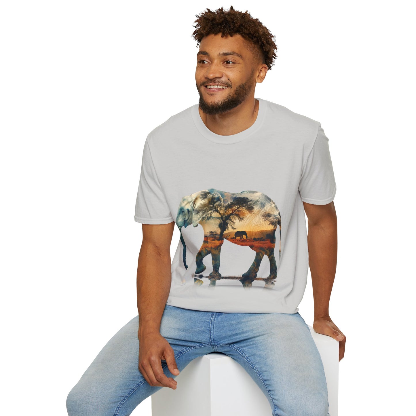 African Sunset Elephant Double Exposure Graphic T-Shirt - Unisex Softstyle T-Shirt