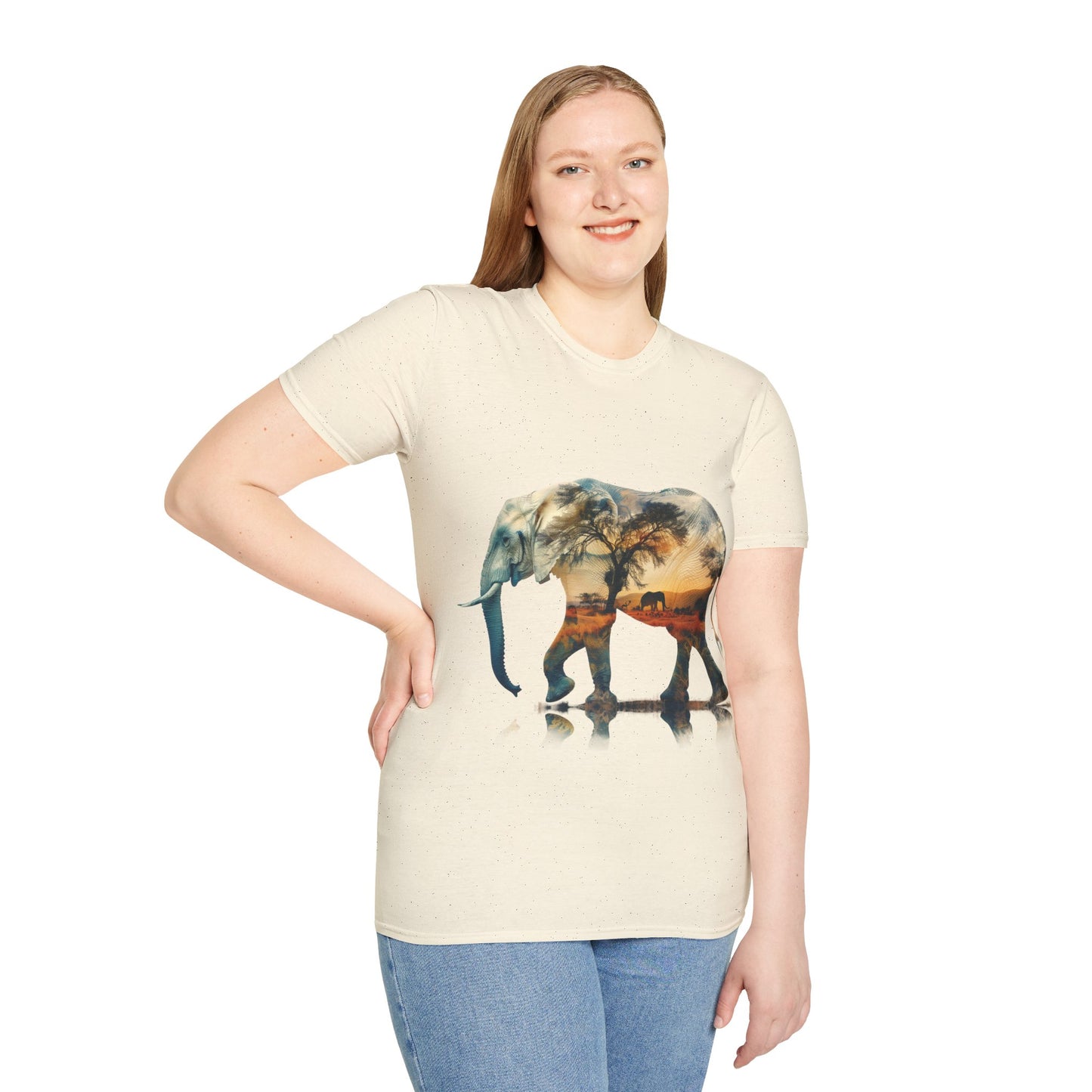 African Sunset Elephant Double Exposure Graphic T-Shirt - Unisex Softstyle T-Shirt