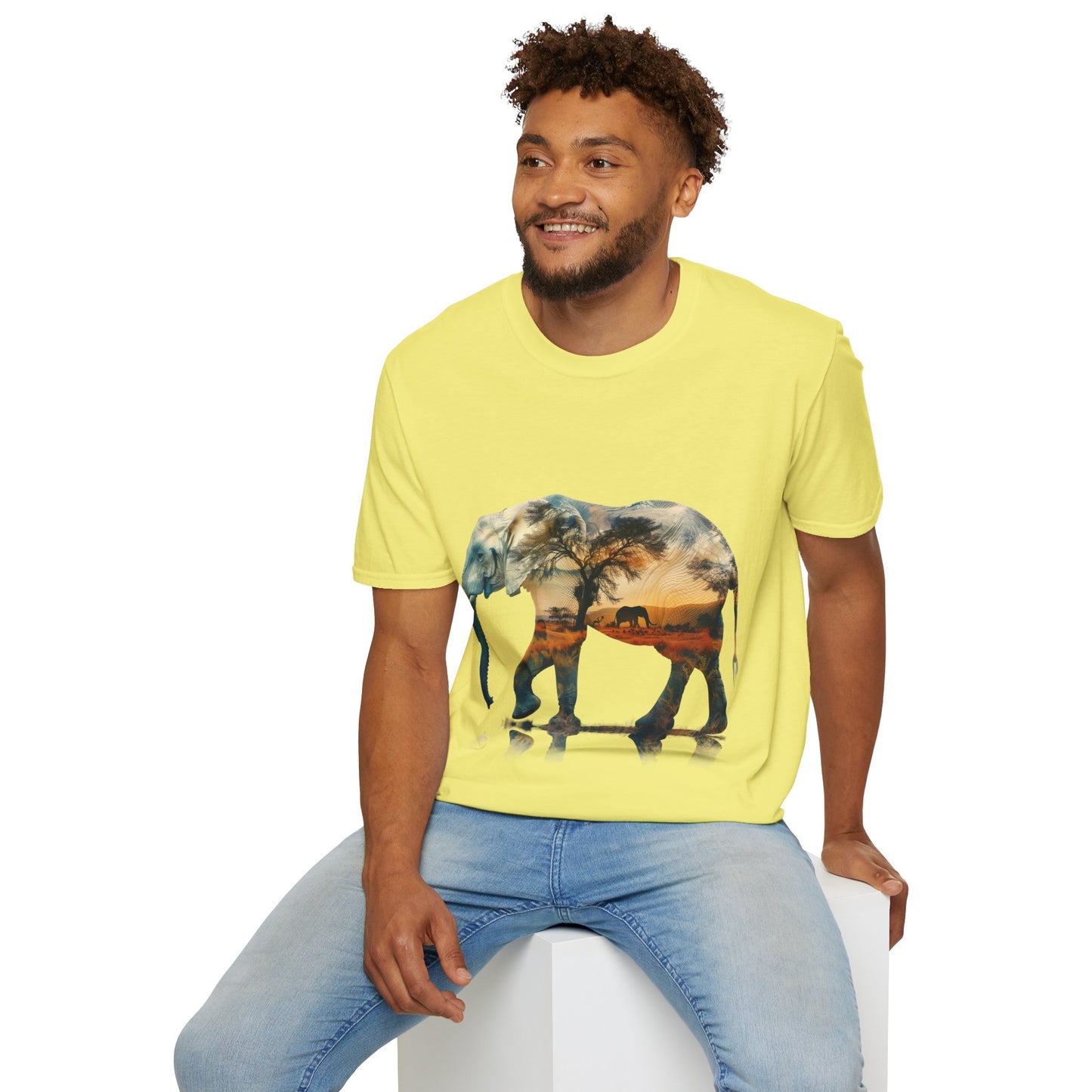 African Sunset Elephant Double Exposure Graphic T-Shirt - Unisex Softstyle T-Shirt