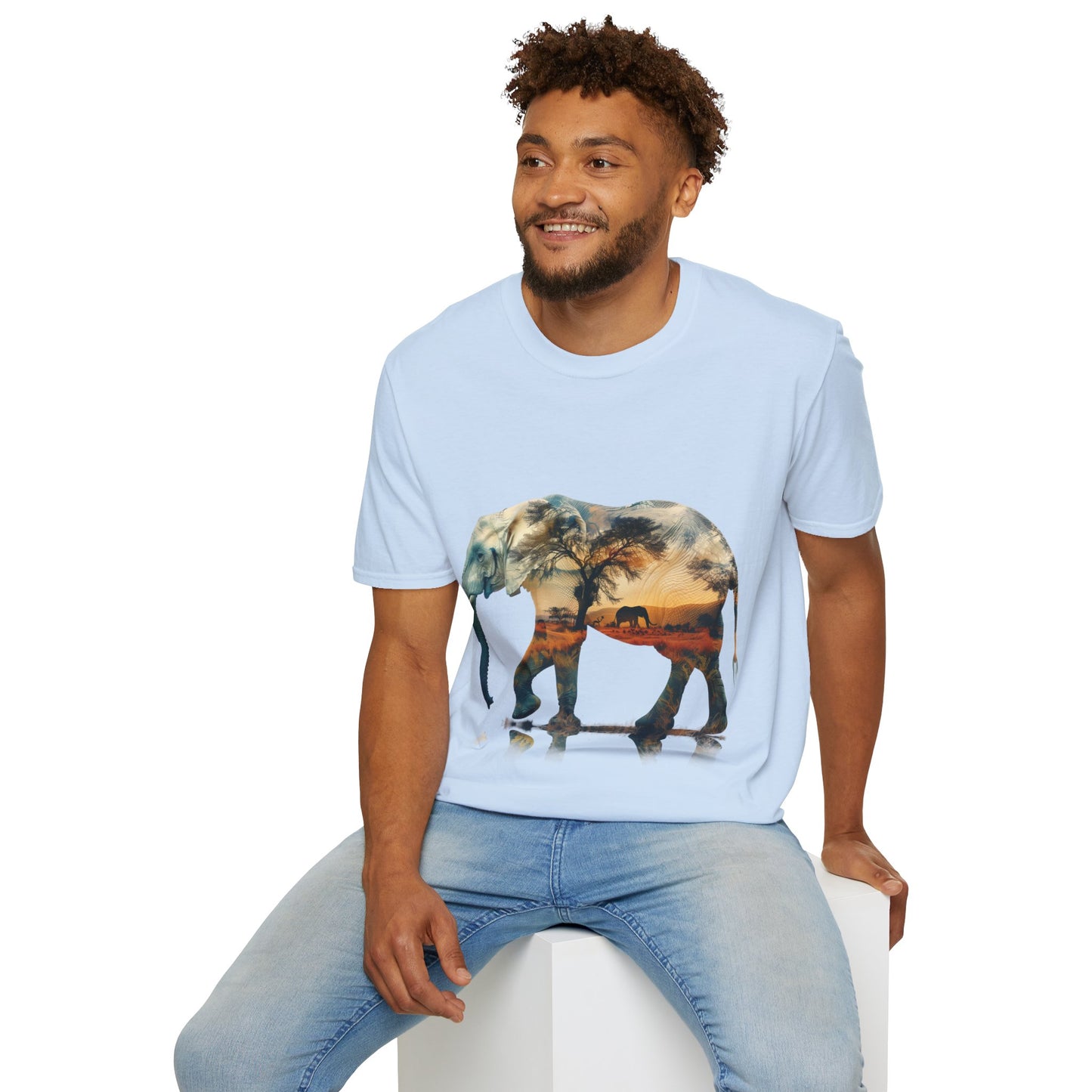 African Sunset Elephant Double Exposure Graphic T-Shirt - Unisex Softstyle T-Shirt