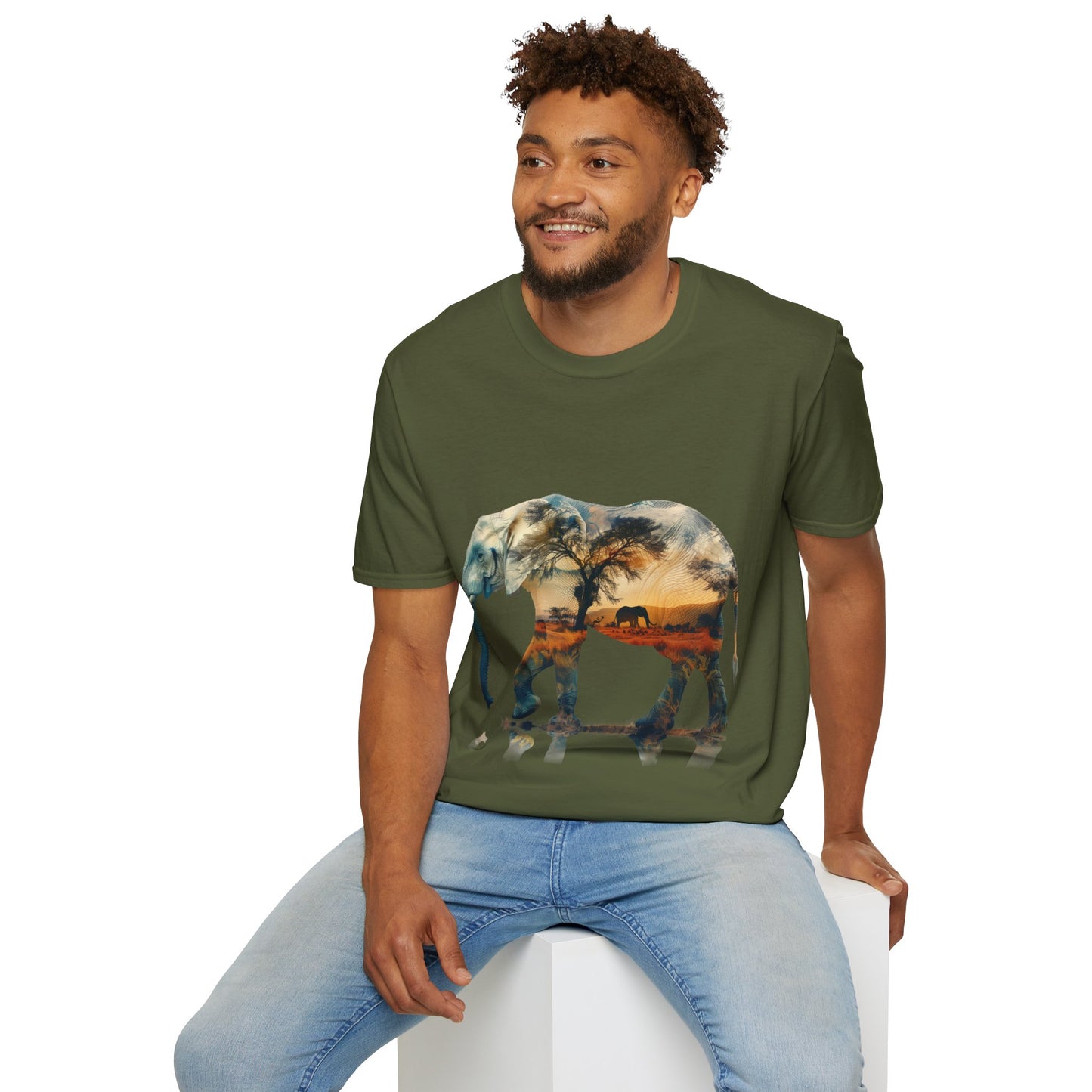 African Sunset Elephant Double Exposure Graphic T-Shirt - Unisex Softstyle T-Shirt
