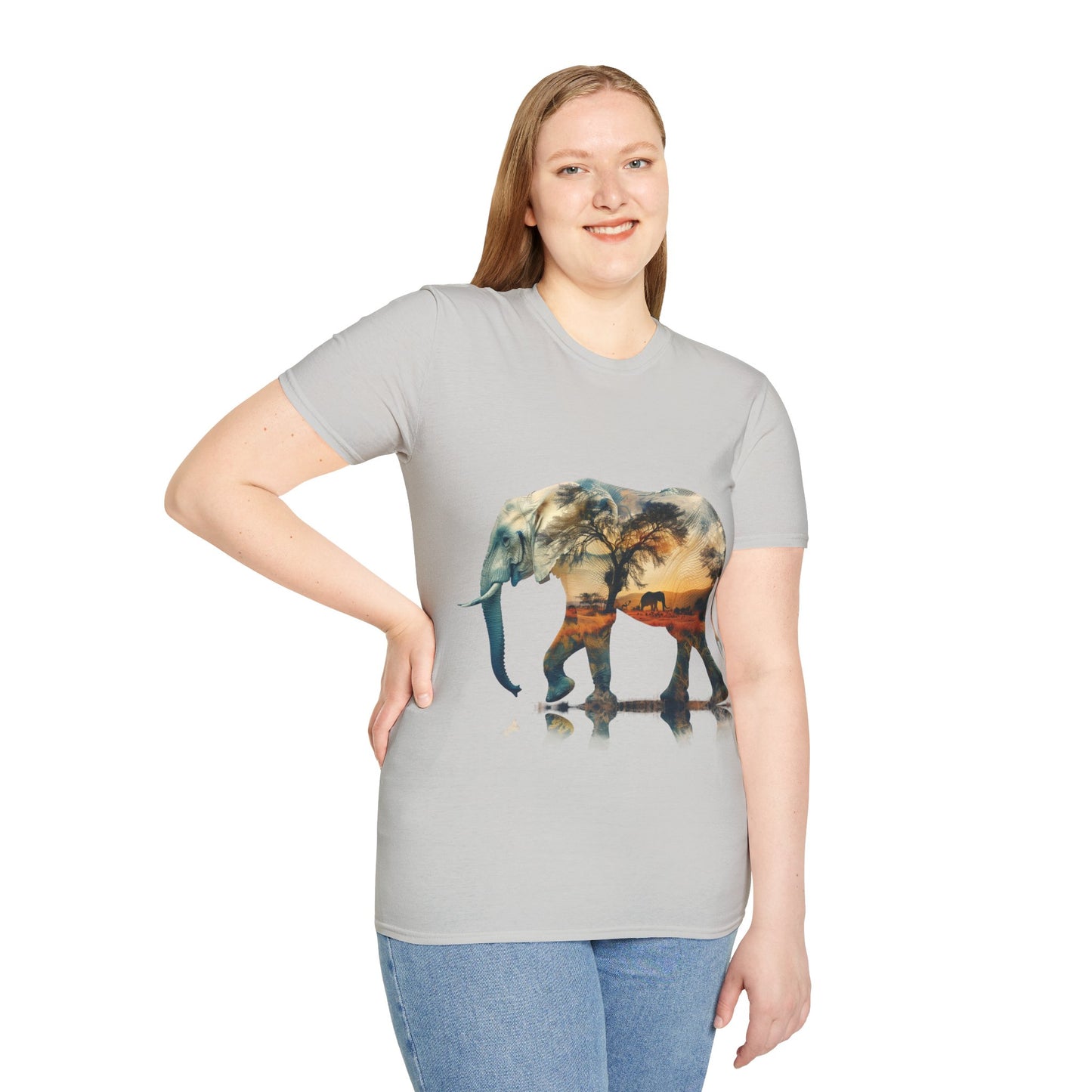 African Sunset Elephant Double Exposure Graphic T-Shirt - Unisex Softstyle T-Shirt