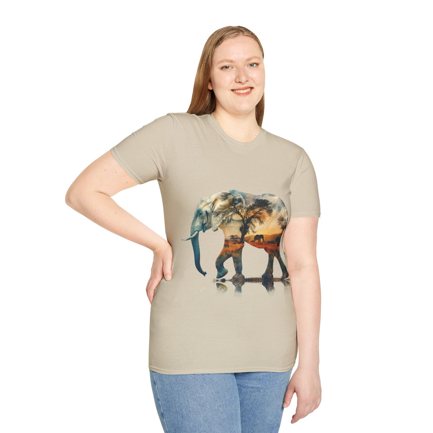 African Sunset Elephant Double Exposure Graphic T-Shirt - Unisex Softstyle T-Shirt