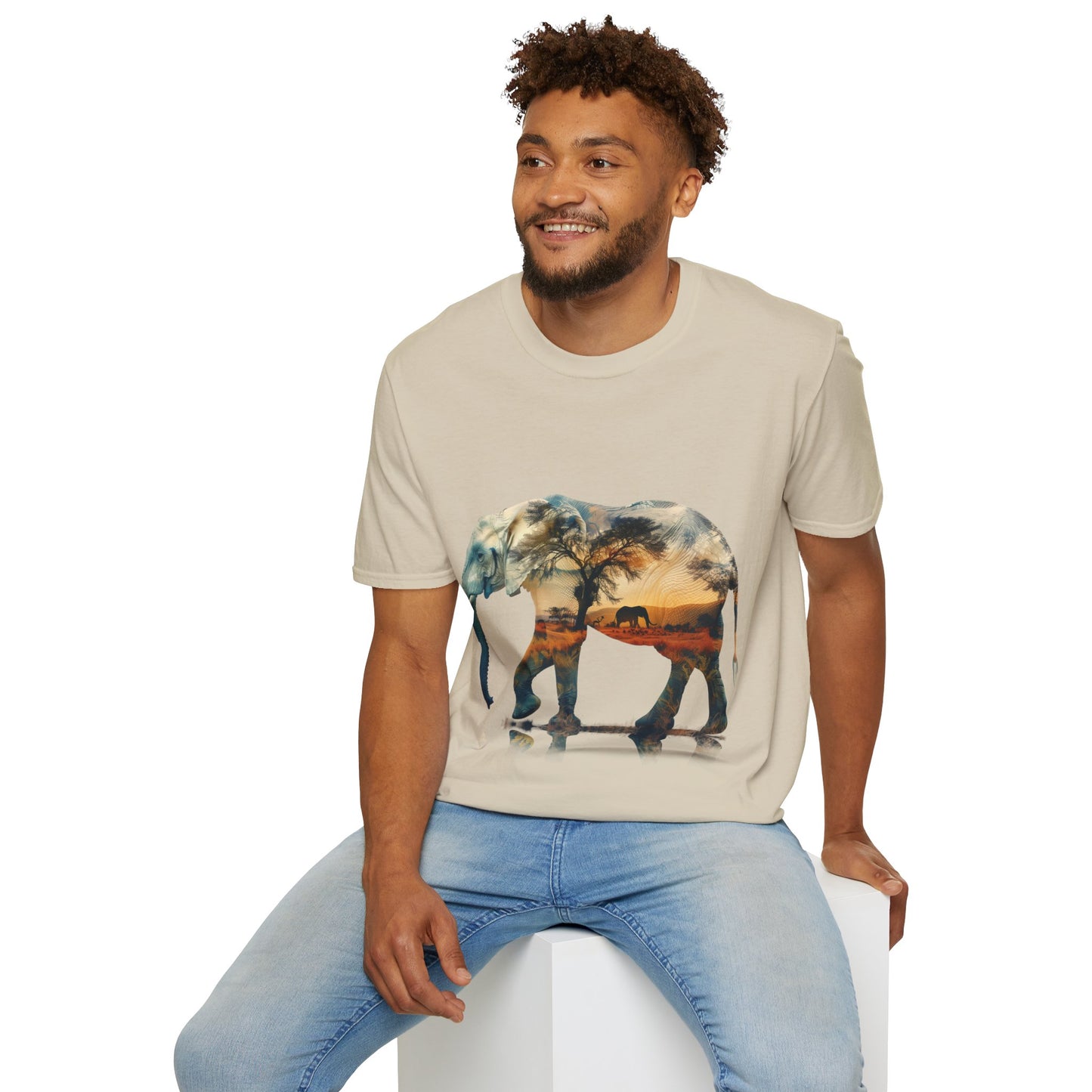African Sunset Elephant Double Exposure Graphic T-Shirt - Unisex Softstyle T-Shirt