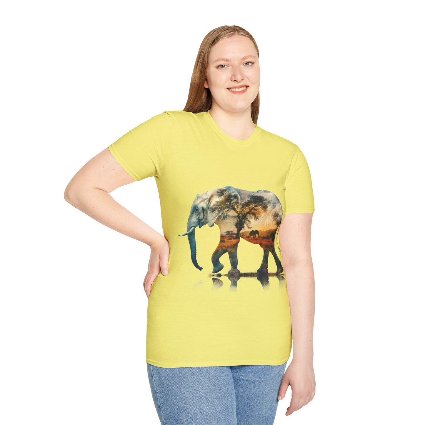 African Sunset Elephant Double Exposure Graphic T-Shirt - Unisex Softstyle T-Shirt
