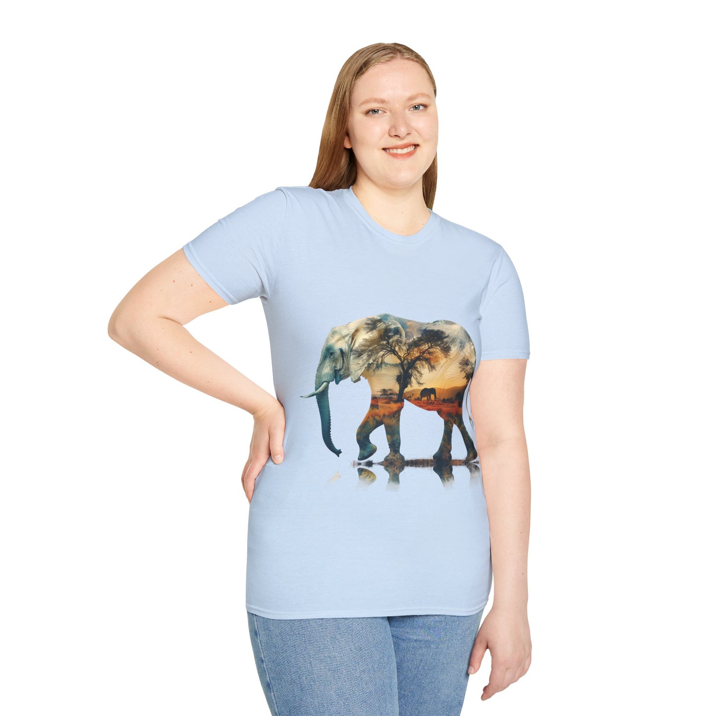 African Sunset Elephant Double Exposure Graphic T-Shirt - Unisex Softstyle T-Shirt