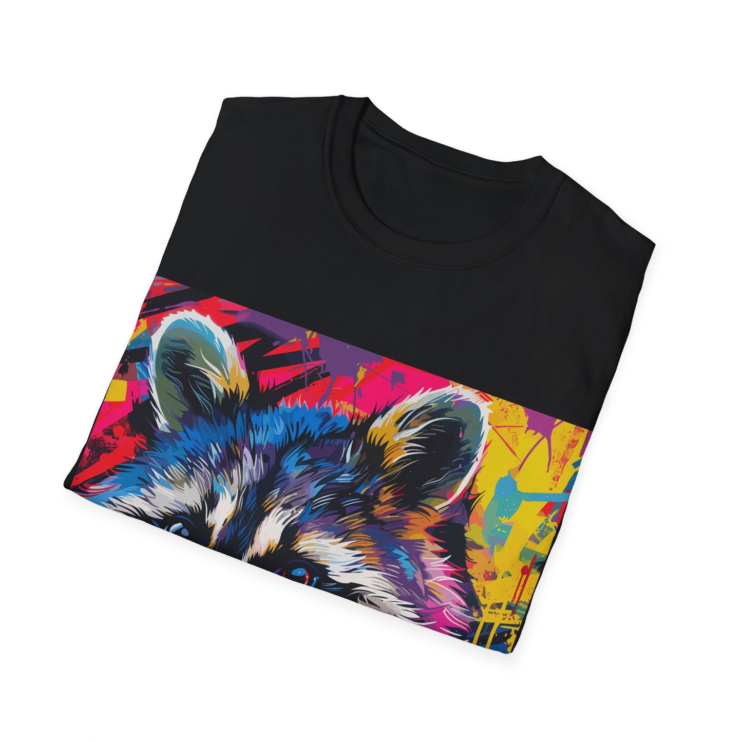 Electric Raccoon Groove Tee - Urban Art Raccoon T-Shirt with Neon Splash - Unisex Softstyle T-Shirt