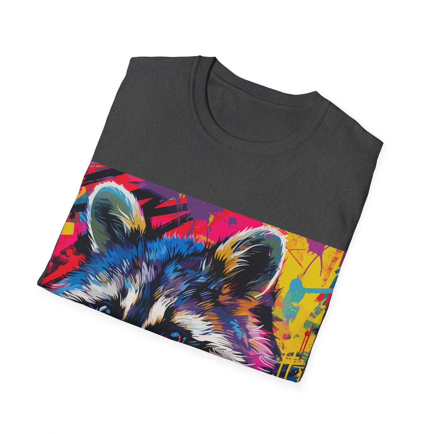 Electric Raccoon Groove Tee - Urban Art Raccoon T-Shirt with Neon Splash - Unisex Softstyle T-Shirt