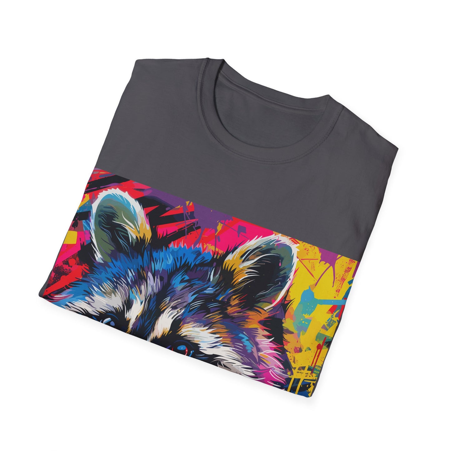 Electric Raccoon Groove Tee - Urban Art Raccoon T-Shirt with Neon Splash - Unisex Softstyle T-Shirt